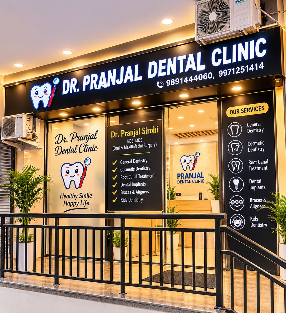 Front of Pranjal Dental Clinic with the illuminated name board and services list